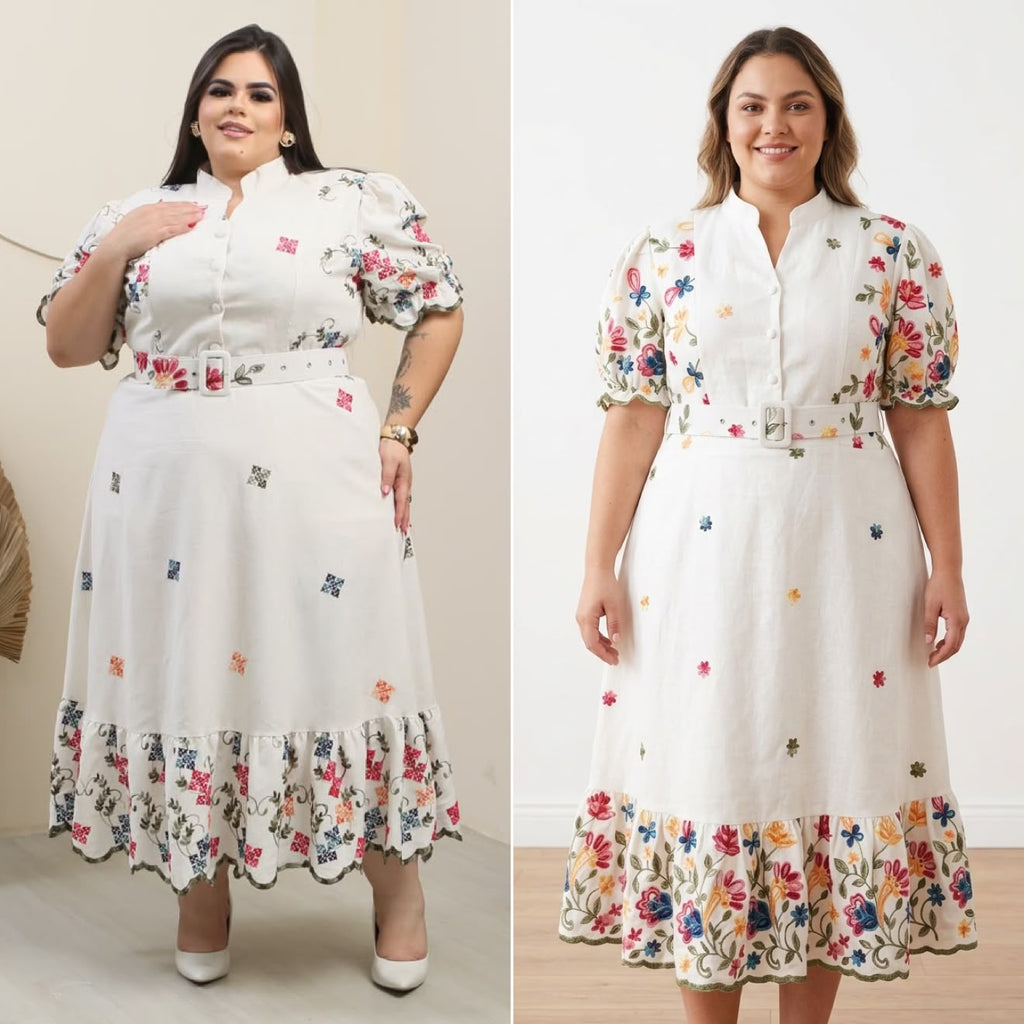 Vestido Midi Plus Size em Linho com Cinto Forrado e Botões no Busto