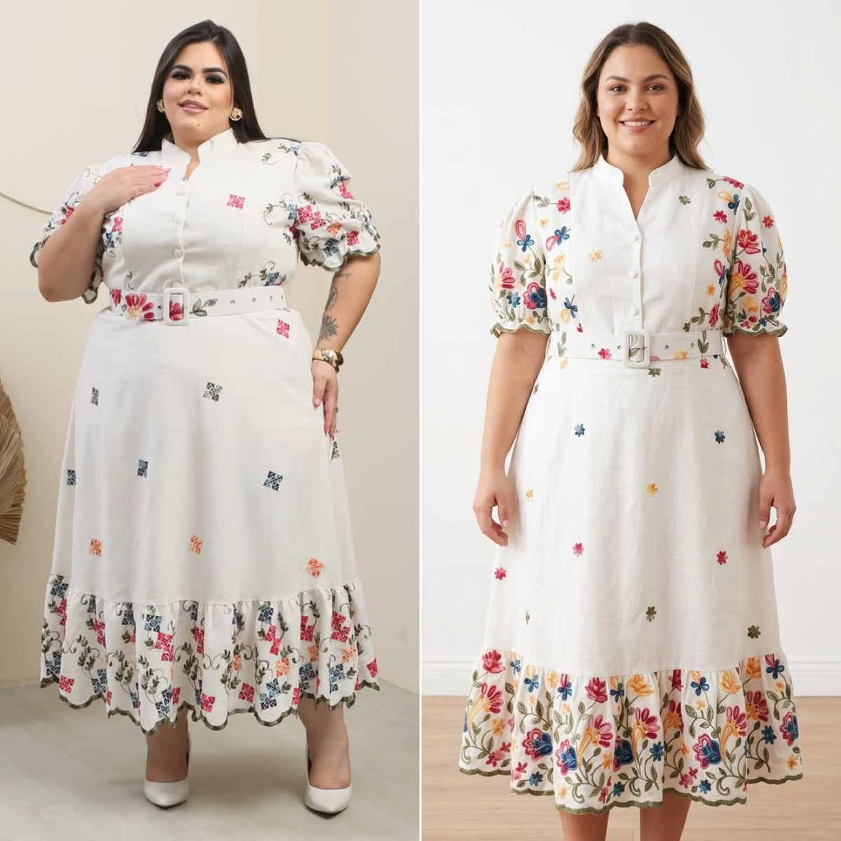 Vestido Midi Plus Size em Linho com Cinto Forrado e Botões no Busto