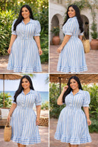 Vestido Midi Plus Size Listrado com Cinto Forrado – Tecido Flame