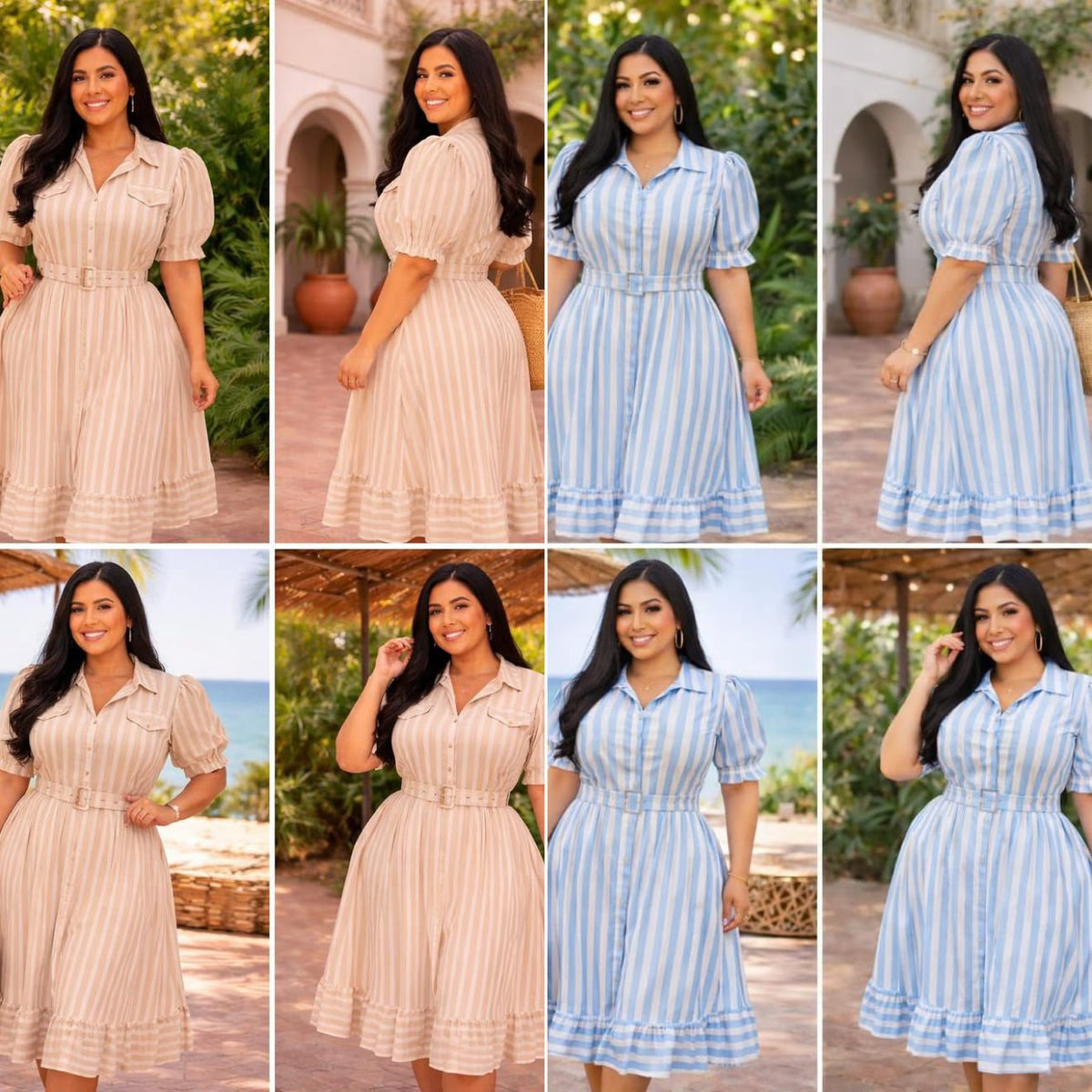 Vestido Midi Plus Size Listrado com Cinto Forrado – Tecido Flame