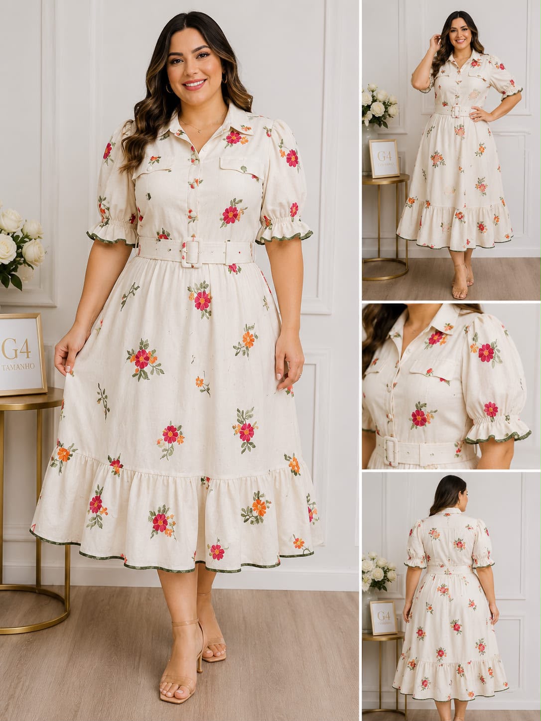 Vestido Midi Plus Size com Detalhes no Busto e Cinto Forrado – Tecido Linho Bordado