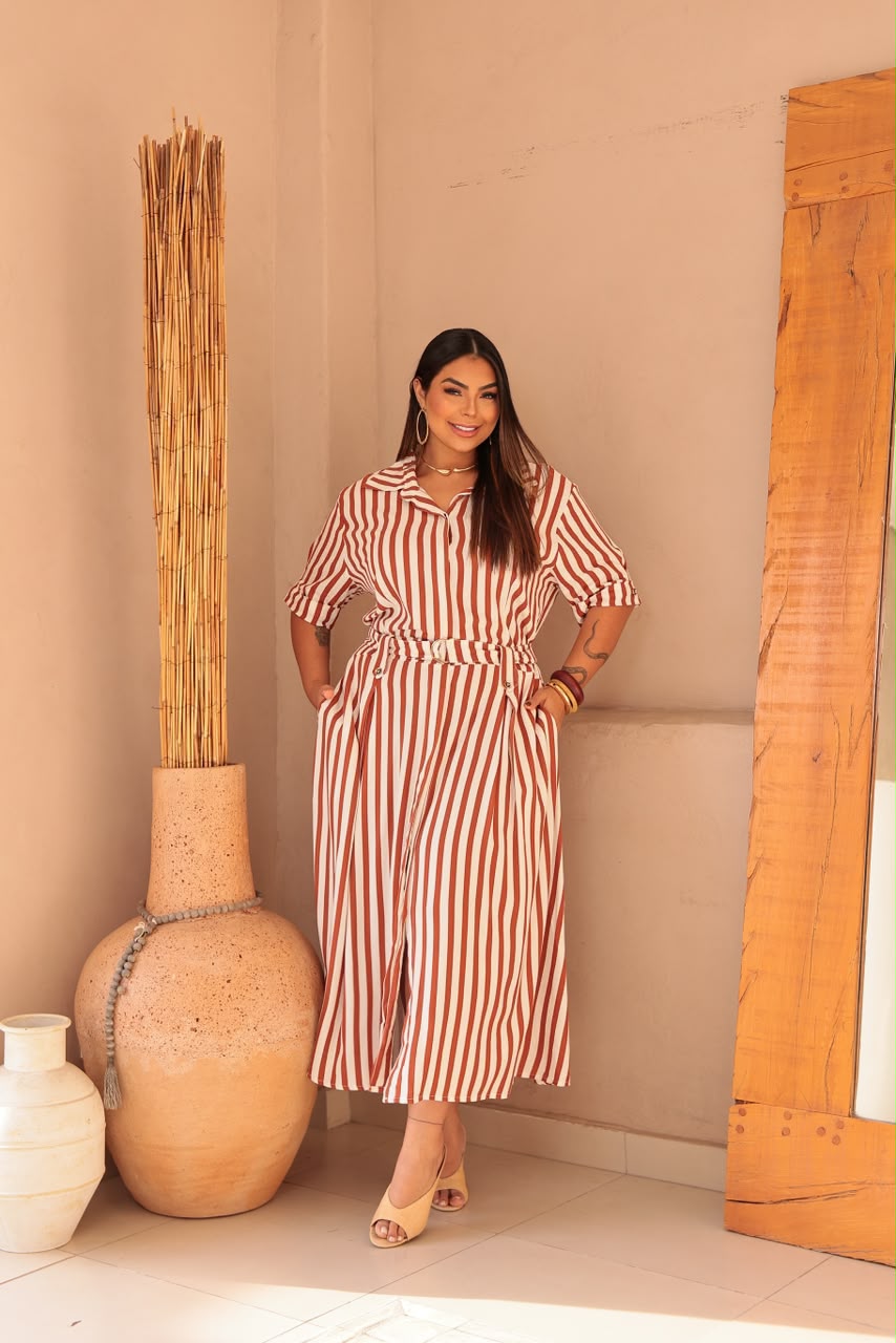 Chamise Plus Size Listrado com Cinto e Bolso – Linho 100% Algodão