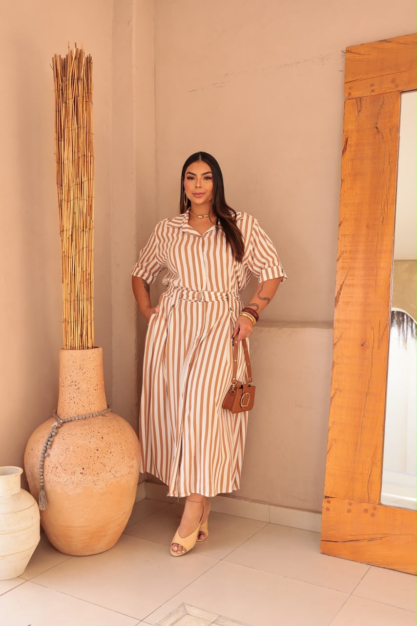Chamise Plus Size Listrado com Cinto e Bolso – Linho 100% Algodão