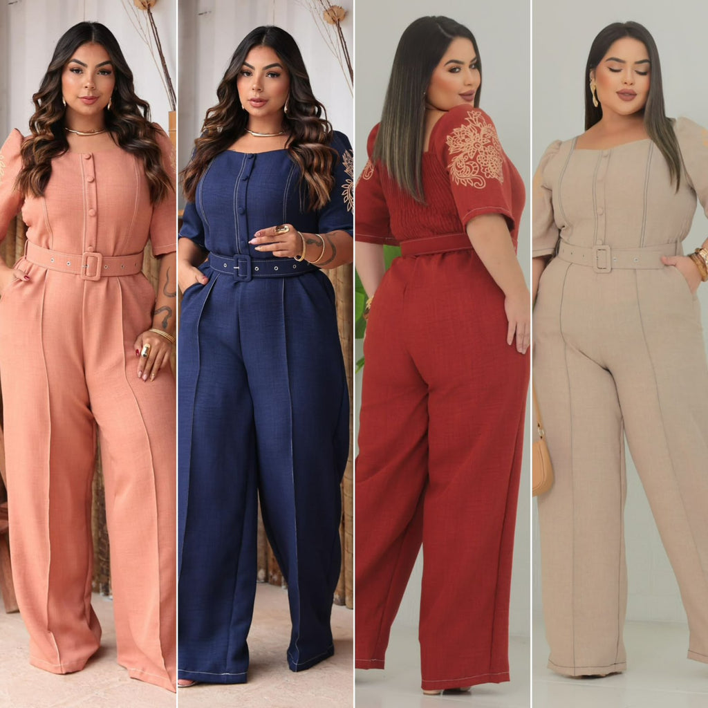 Macacão Longo Plus Size em Linho com Detalhes na Manga, Bolso e Cinto Forrado