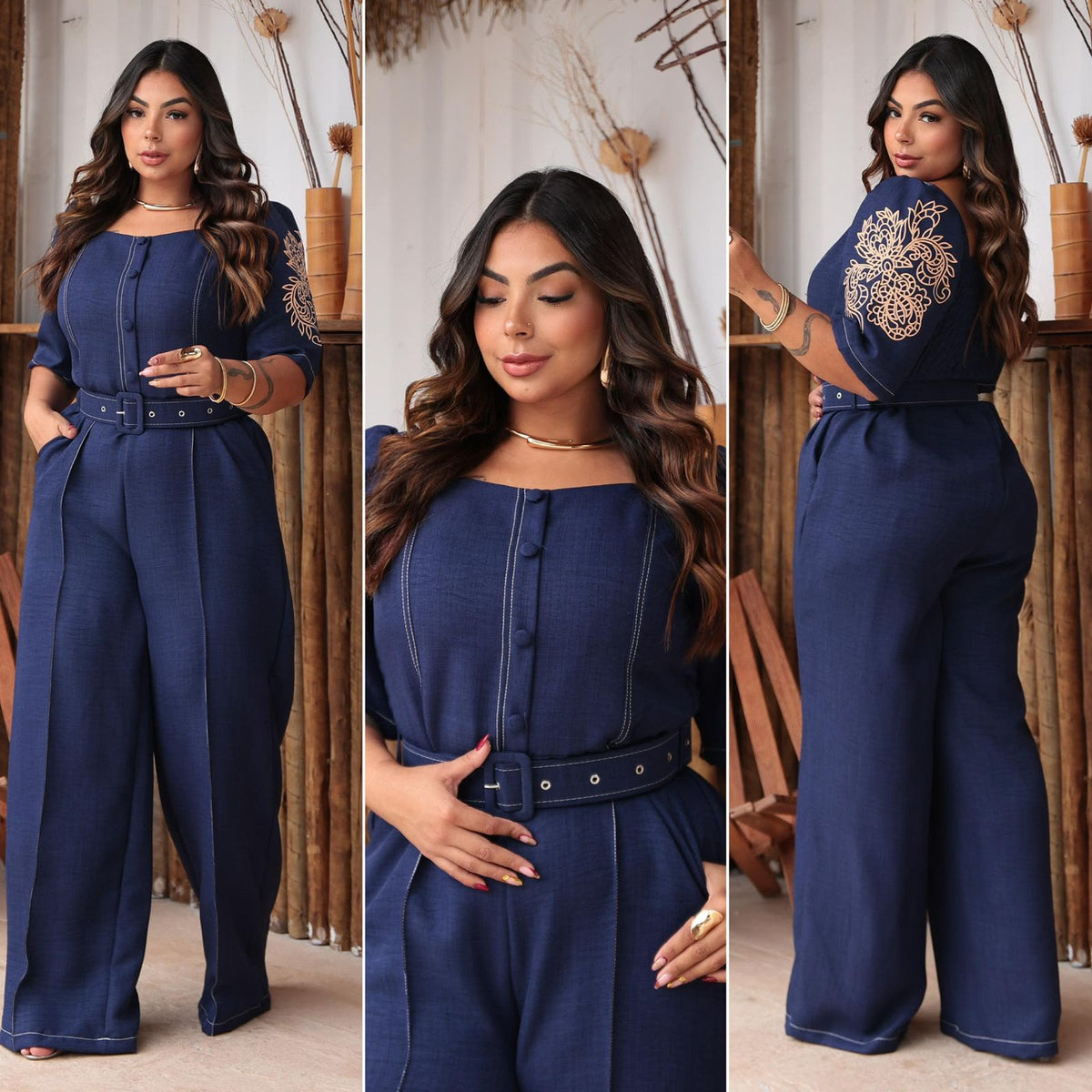 Macacão Longo Plus Size em Linho com Detalhes na Manga, Bolso e Cinto Forrado