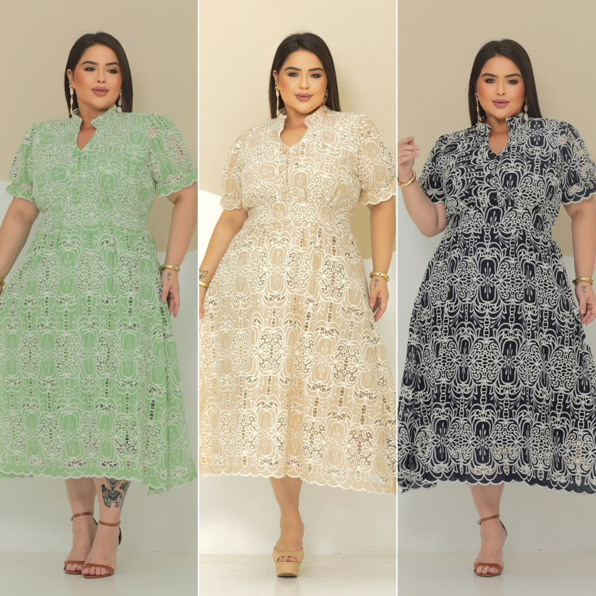 Vestido Midi Plus Size com Botões no Busto – Tecido Rechilieu