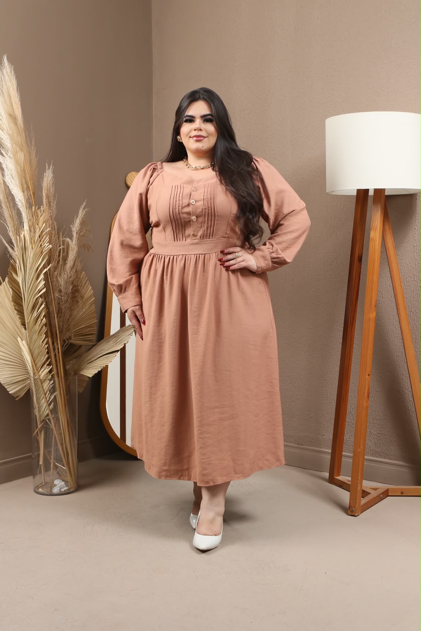 Vestido Plus Size de Manga Longa com Plissado no Busto – Tecido Sensorial