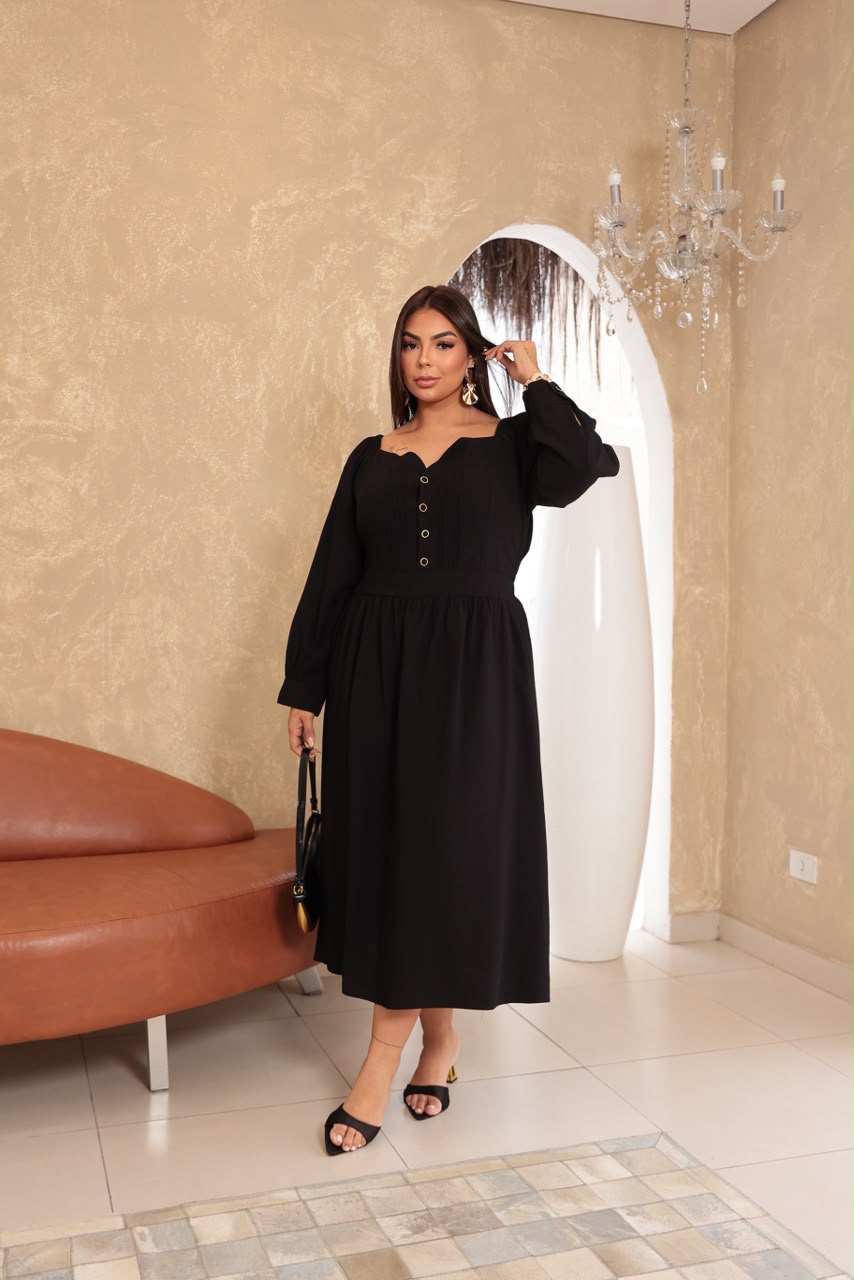 Vestido Plus Size de Manga Longa com Plissado no Busto – Tecido Sensorial