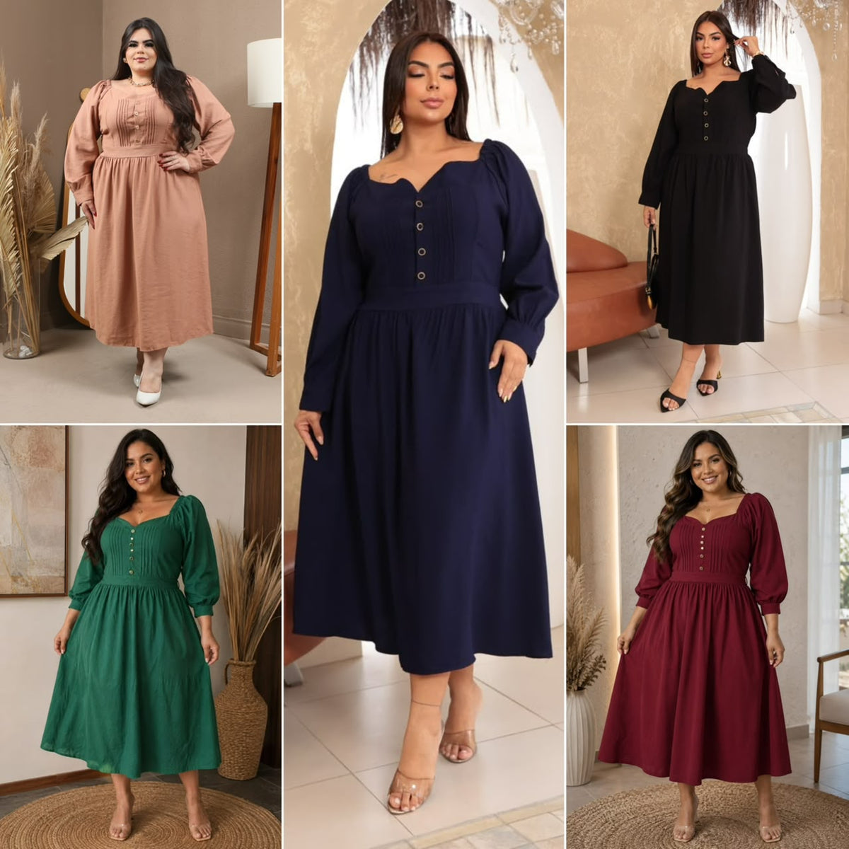 Vestido Plus Size de Manga Longa com Plissado no Busto – Tecido Sensorial