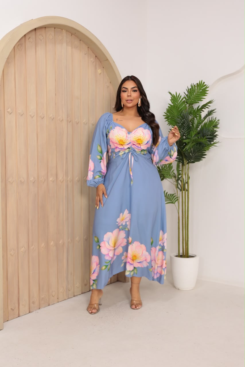 Vestido Longo Plus Size de Manga Longa - Tecido Jacquard