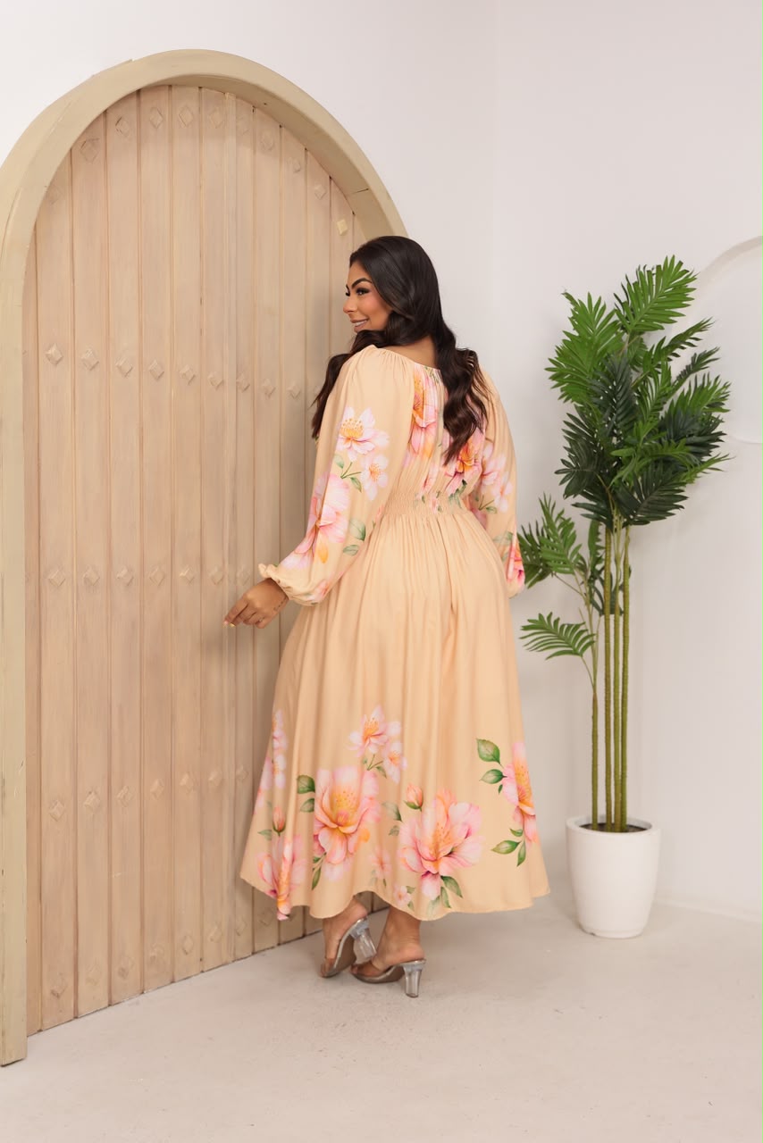 Vestido Longo Plus Size de Manga Longa - Tecido Jacquard