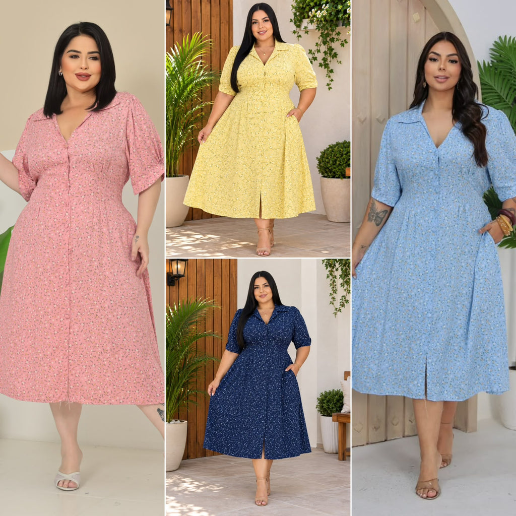 Chemise Plus Size com Estampa Floral e Detalhe na Cintura - Tecido Viscomida