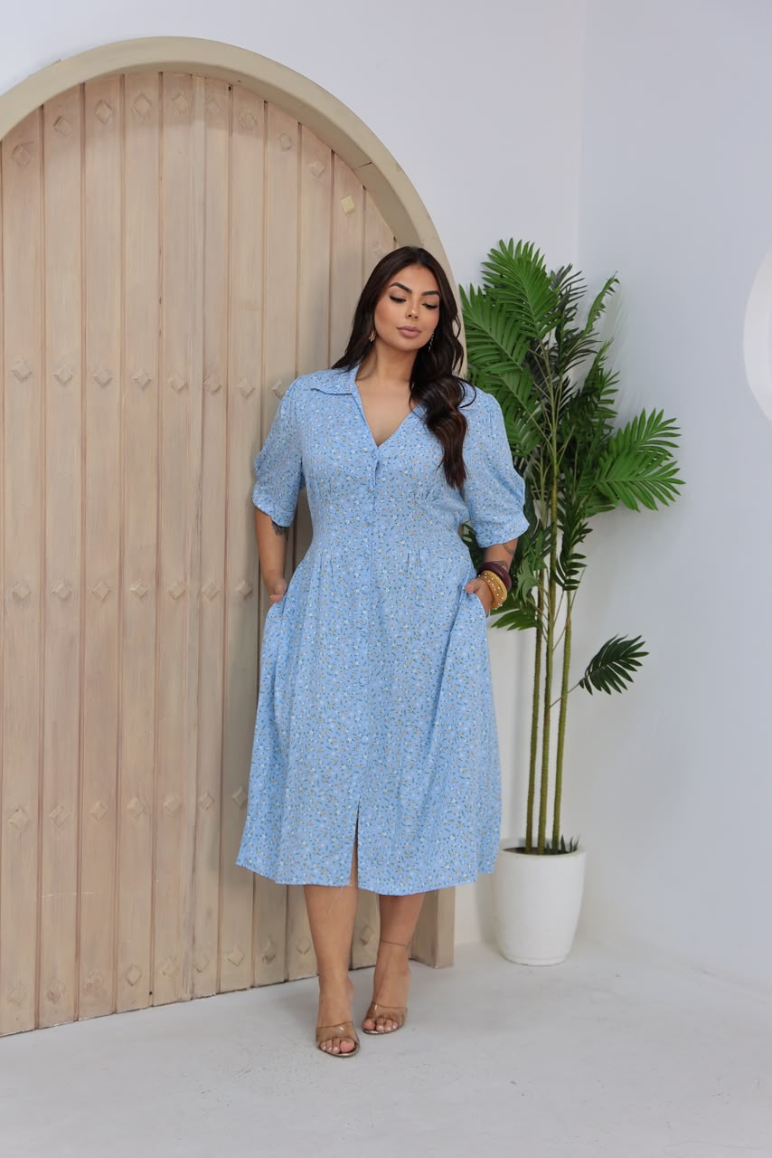 Chemise Plus Size com Estampa Floral e Detalhe na Cintura - Tecido Viscomida