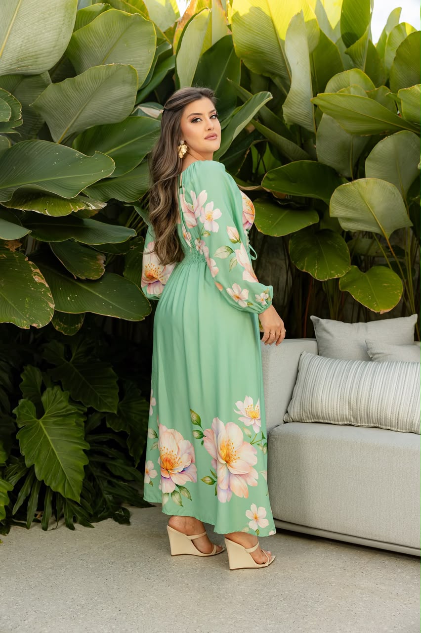 Vestido Longo de Manga Longa - Tecido Jacquard
