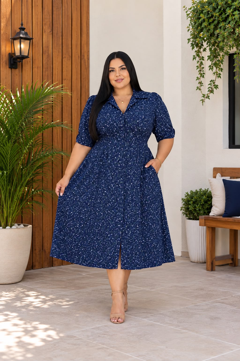 Chemise Plus Size Floral com Detalhe na Cintura - Tecido Viscomida