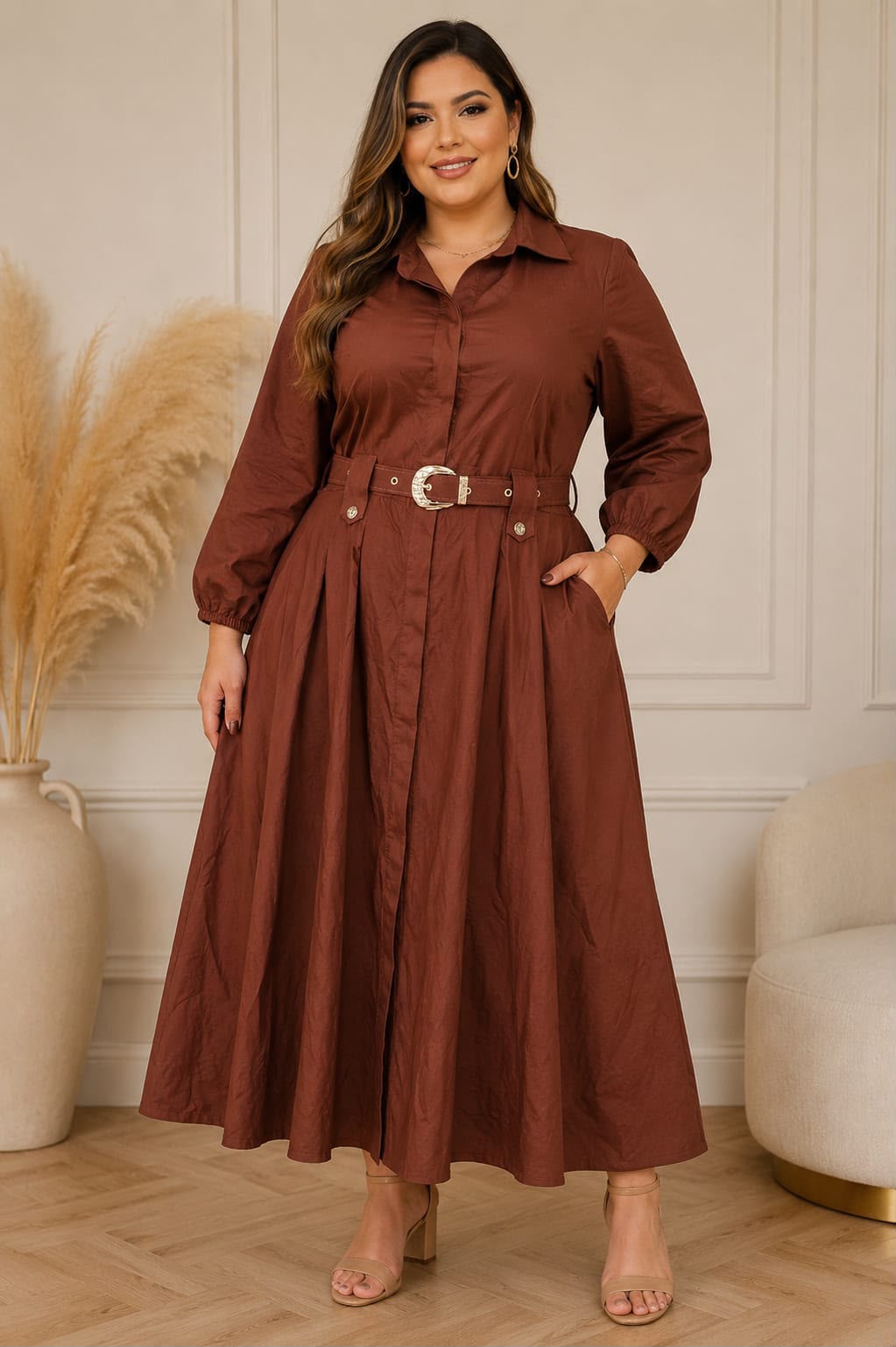 Chemise Plus Size de Manga Longa com Cinto e Bolsos - Tecido Sensorial