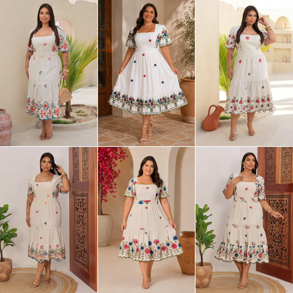 Vestido Midi Plus Size com Decote Coração, Cinto e Bolsos - Tecido Linho