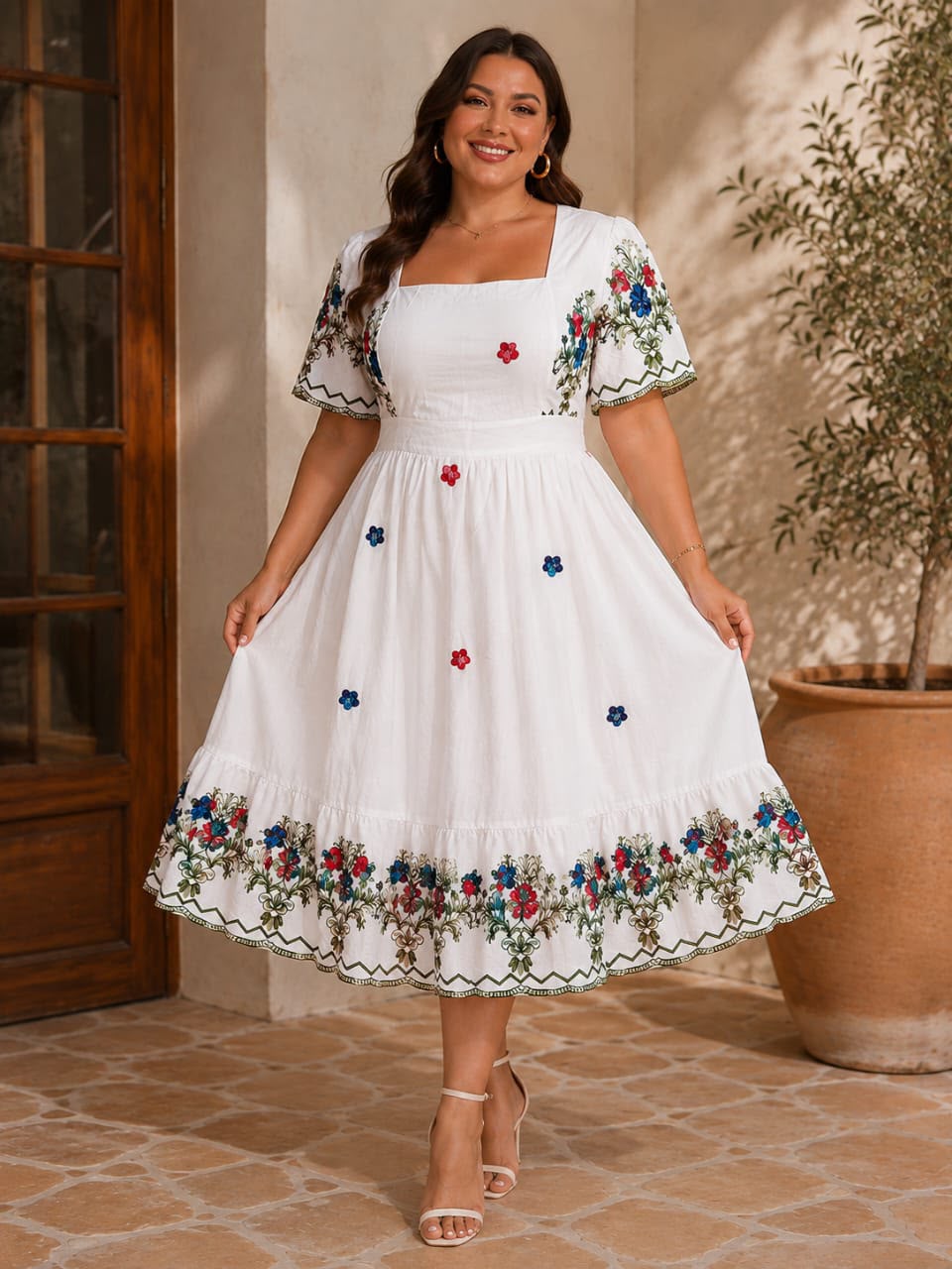 Vestido Midi Plus Size com Decote Coração, Cinto e Bolsos - Tecido Linho