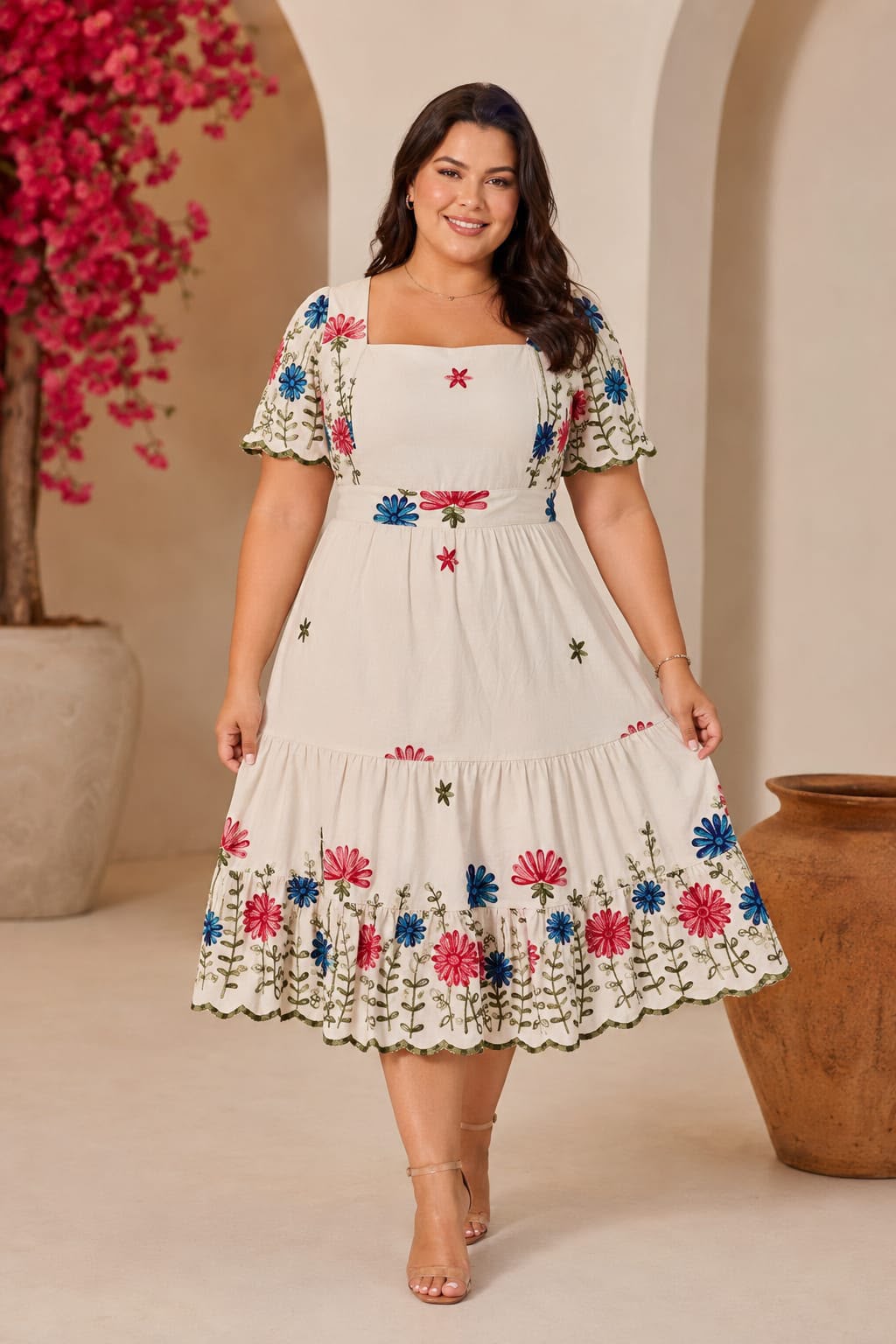 Vestido Midi Plus Size com Decote Coração, Cinto e Bolsos - Tecido Linho