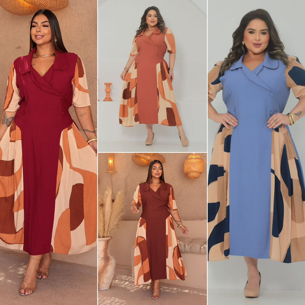 Vestido Midi Plus Size Bicolor Estampado - Tecido Sensorial