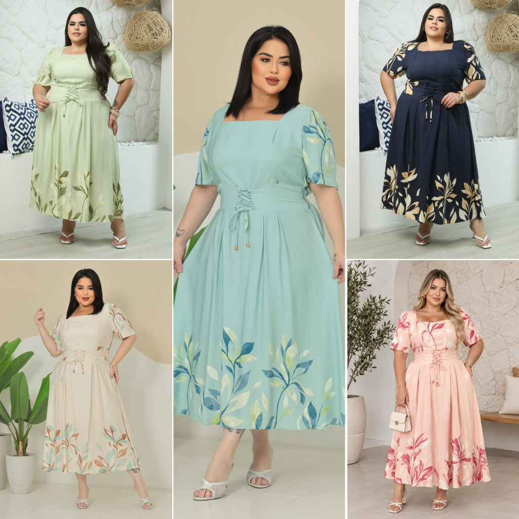 Vestido Plus Size com Regulagem na Cintura - Tecido Jacquard