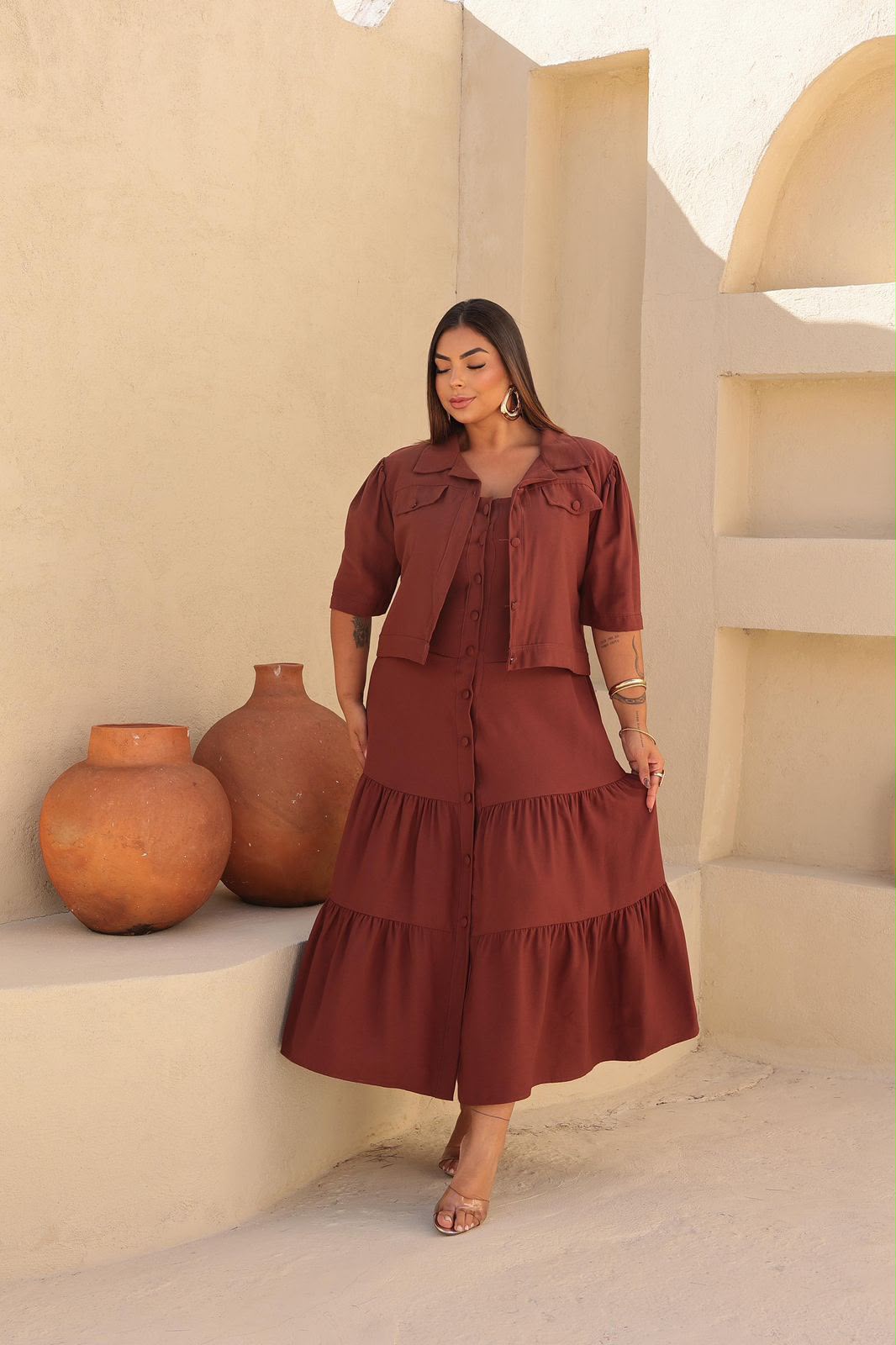 Conjunto Plus Size de 2 Peças com Blusa de Manga Curta e Vestido - Tecido Sensorial