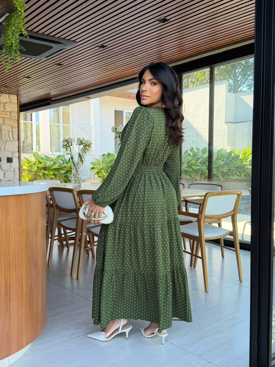 Vestido Longo com Detalhes na Frente - Crepe Twill e Viscolinho Sarjado