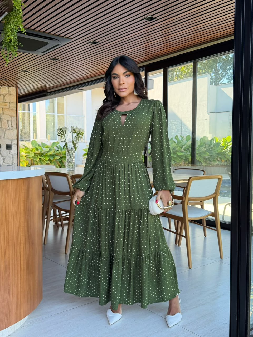 Vestido Longo com Detalhes na Frente - Crepe Twill e Viscolinho Sarjado
