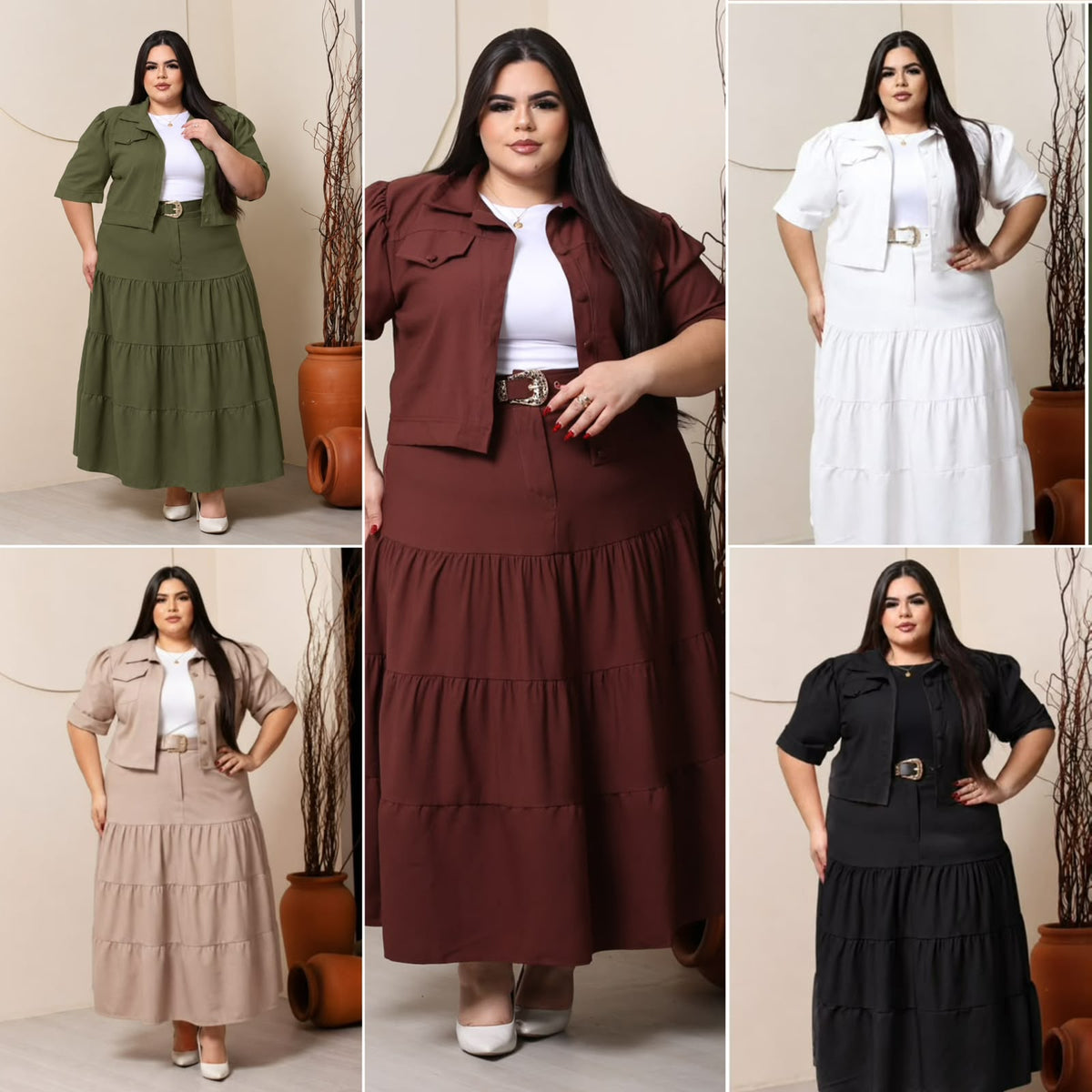 Conjunto Plus Size de Blusa e Saia com Cinto - Tecido Sensorial
