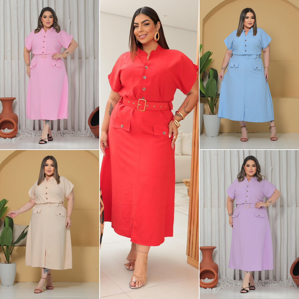 Vestido Midi Plus Size com Bolsos Frontais e Cinto - Tecido Sensorial