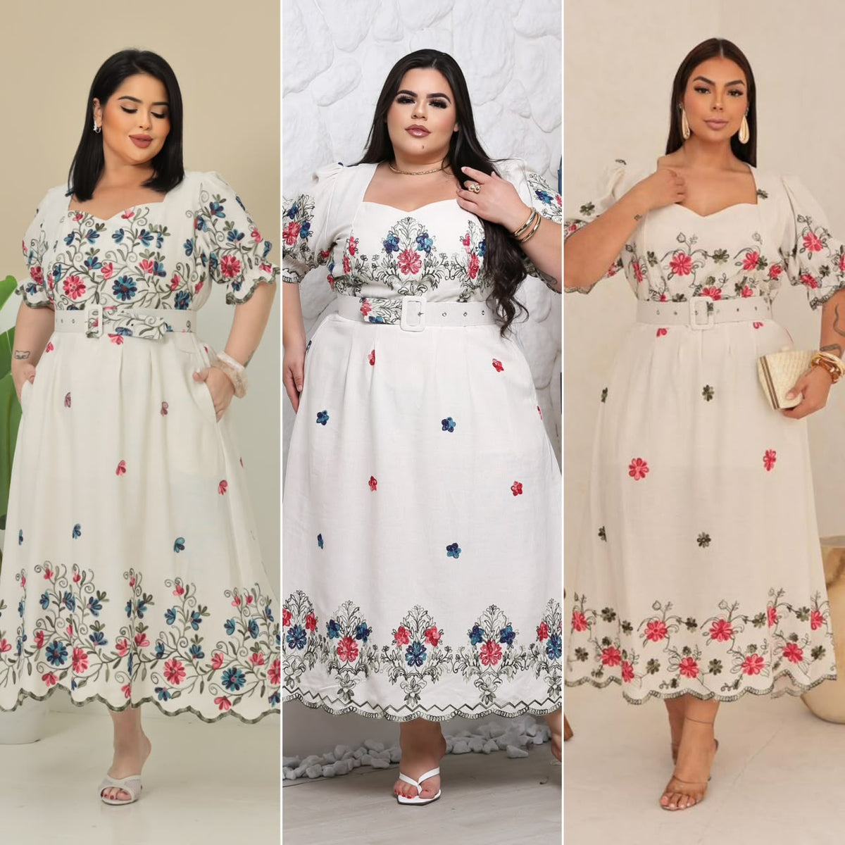 Vestido Midi Plus Size com Decote Coração, Cinto e Bolsos - Tecido Linho