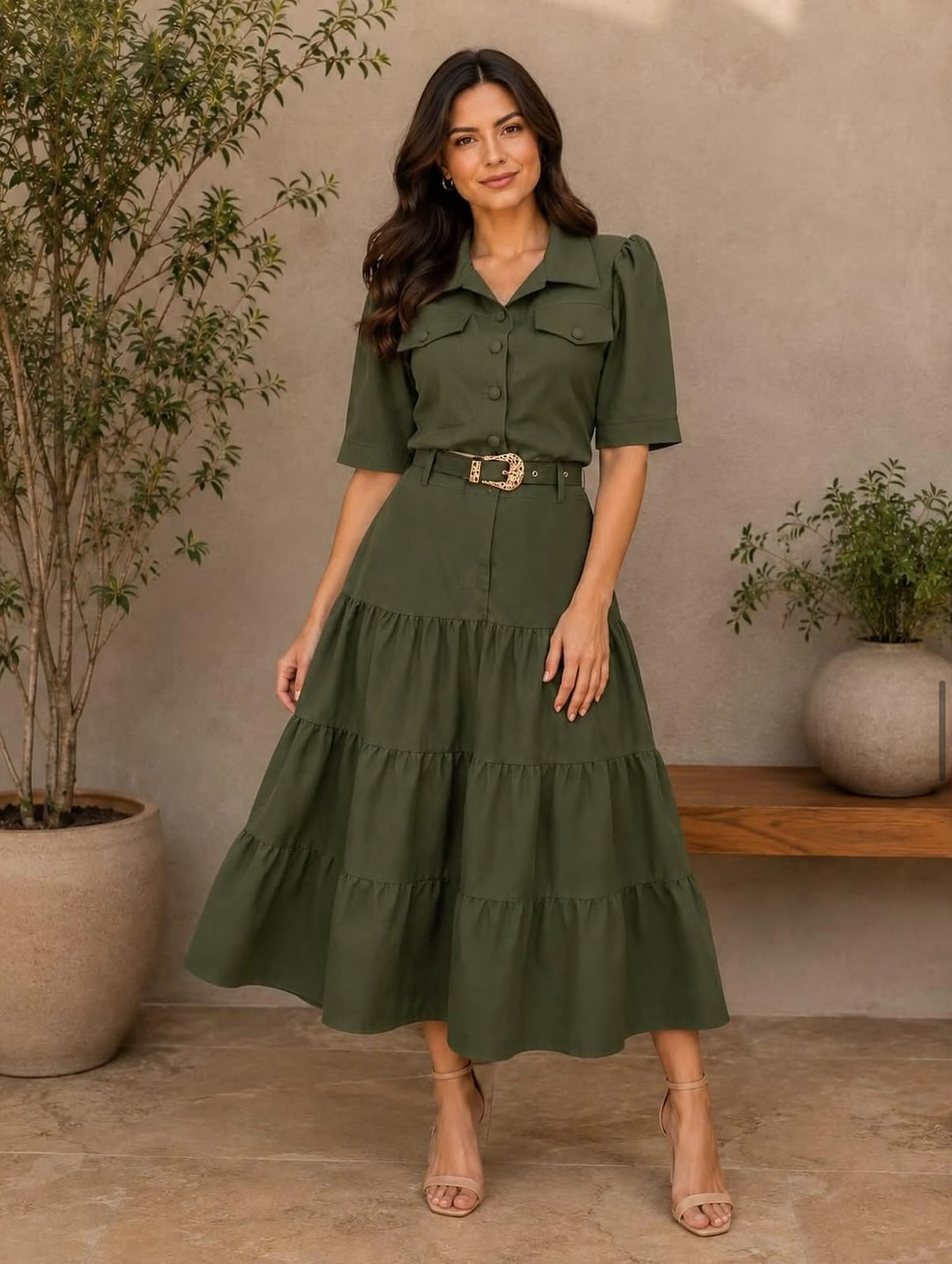 Conjunto Feminino de Blusa e Saia com Cinto – Tecido Sensorial