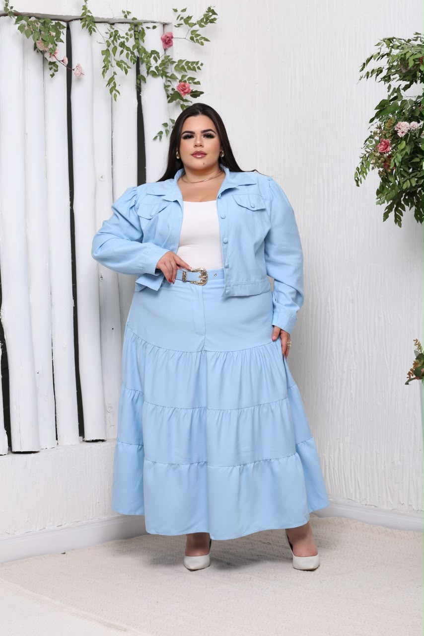 Conjunto Plus Size de Blusa Manga Longa e Saia com Cinto – Tecido Sensorial Marrant