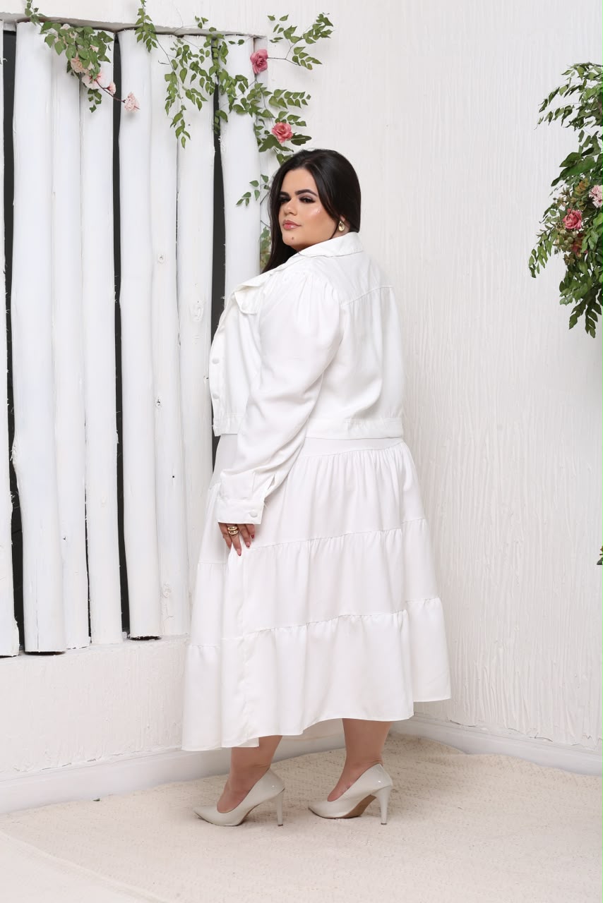 Conjunto Plus Size de Blusa Manga Longa e Saia com Cinto – Tecido Sensorial Marrant