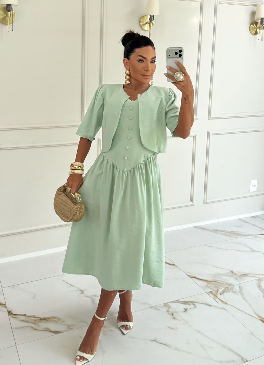 Conjunto Feminino de 2 Peças com Vestido e Blusa – Tecido Sensorial