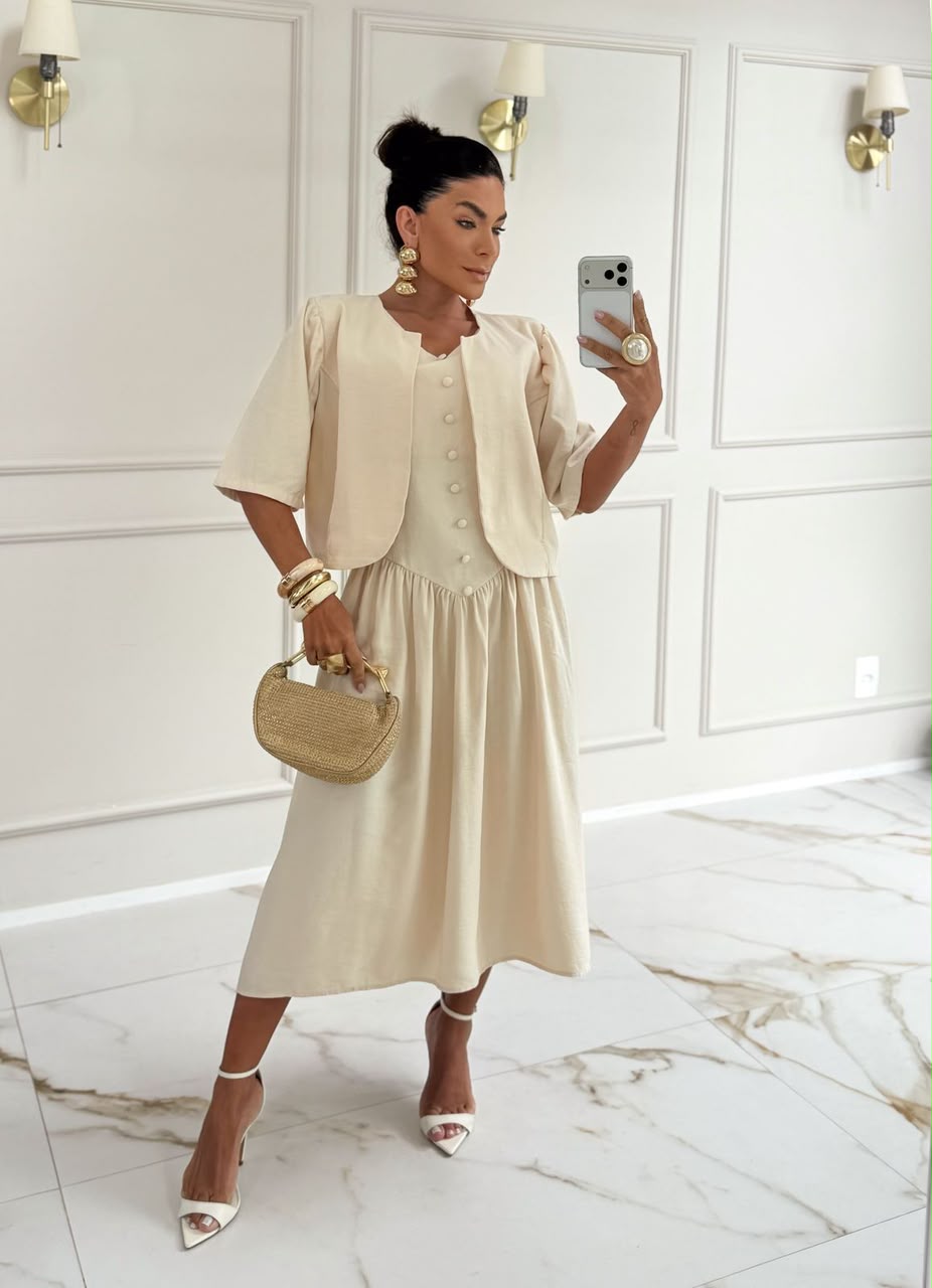 Conjunto Feminino de 2 Peças com Vestido e Blusa – Tecido Sensorial