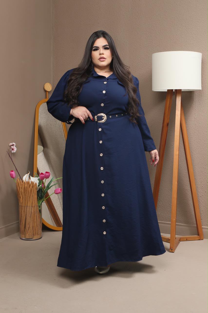 Chemise Longa Plus Size de Manga Longa com Cinto e Bolsos – Tecido Sensorial