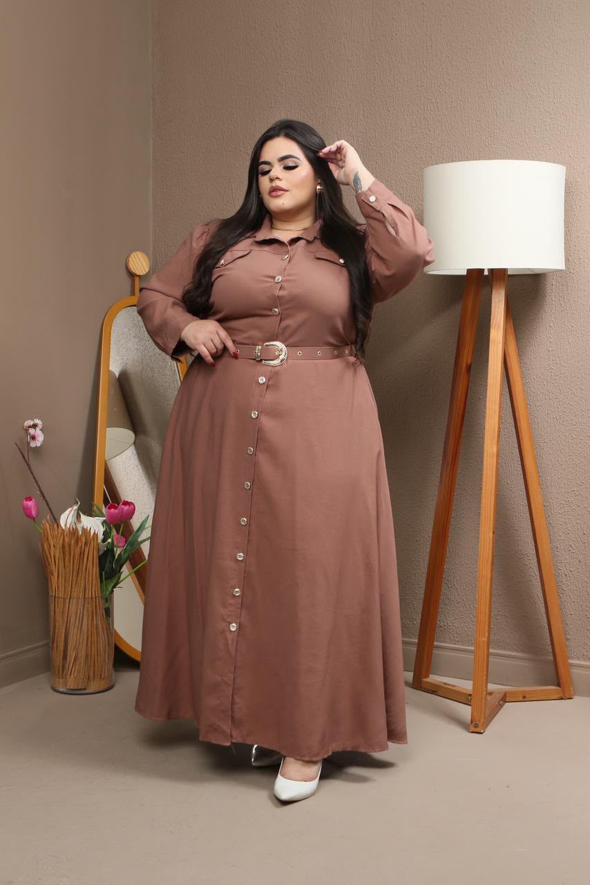 Chemise Longa Plus Size de Manga Longa com Cinto e Bolsos – Tecido Sensorial
